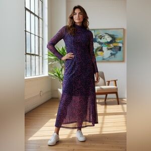 All Saints Wine Red Snakeskin Print Long Sleeve Sheer Maxi Dress